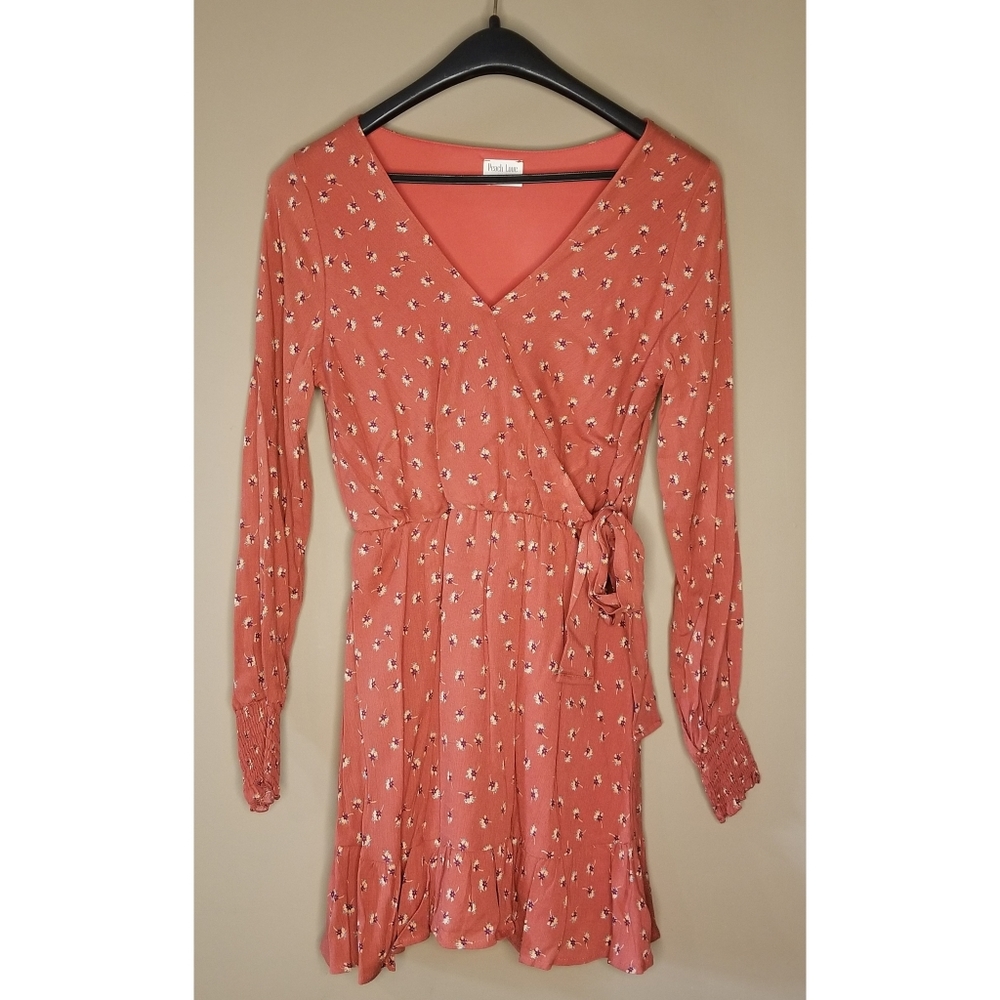 9. Orange ditsy floral v-neck surplice wrap waist smocked long sleeve dress - Picture 5 of 7
